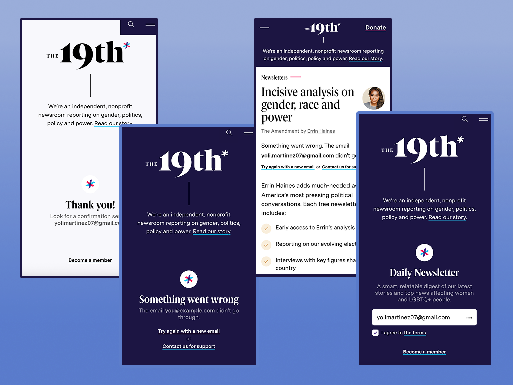 a screenshot of both error and success messaging for newsletter signup